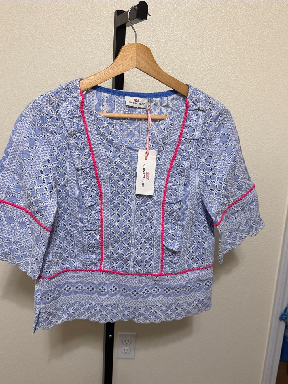 Vineyard Vines Light Blue Eyelet Blouse with Hot Pink Trim